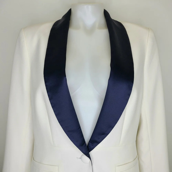 L'Agence Contrast Lapel White Navy Blue Smoking Blazer Jacket Satin One Button 4 - Picture 3 of 14
